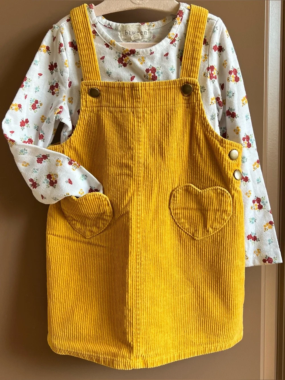 Between Mustard Corduroy Jumper Dress & Floral Top Set Girls Size 4T